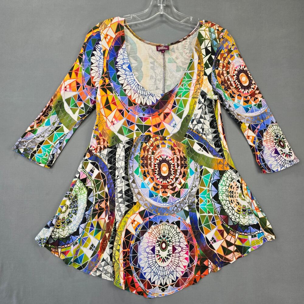 Salaam White Floral Shirt Stretch Vibrant Boho 3/4 Sleeves Scoop Women's Size S